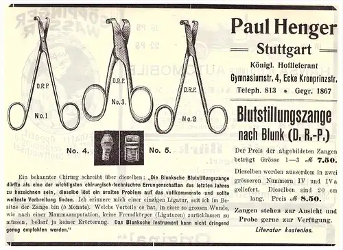 original Werbung - 1910 - Arztbesteck , Chirurgie , Instrumente , Paul Henger in Stuttgart , Operation , Arzt , Apotheke