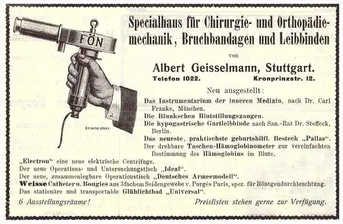 original Werbung - 1910 - Albert Geisselmann , Orthopädie , Fön , Sanitätshaus , Stuttgart , Arzt , Apotheke !!!