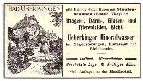 original Werbung - 1910 - Bad Überkingen , Mineralwasser , Kur , Heilanstalt  , Arzt , Apotheke !!!