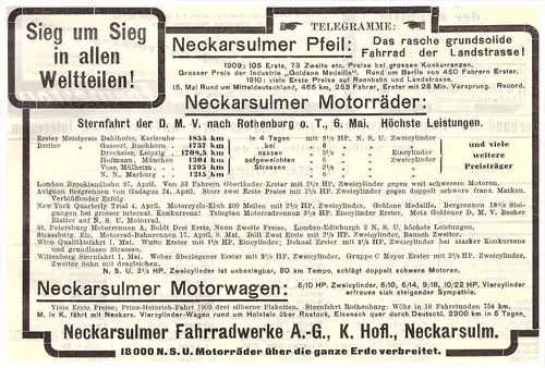 original Werbung - 1910 - NSU Automobile und Motorräder , Sternfahrt nach Rothenburg o.T.,  Neckarsulm , Oldtimer !!