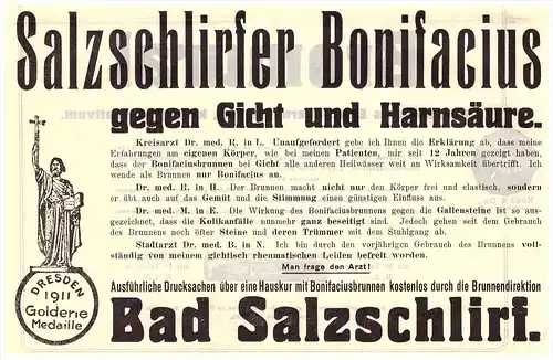 original Werbung - 1912 - Bad Salzschlirf , Bonifaciusbrunnen , Kur , Heilanstalt , Arzt , Apotheke !!