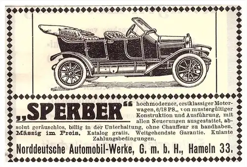 original Werbung - 1912 - SPERBER - Automobil - Werke in Hameln , Oldtimer !!