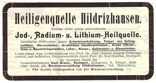 original Werbung - 1912 - Heiligenquelle Hildrizhausen , Kur , Arzt , Apotheke !!!