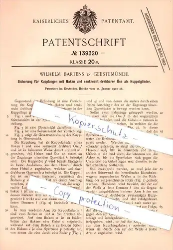 Original Patent  - W. Bartens in Geestemünde b. Bremerhaven , 1902 , Sicherung für Kupplungen mit Haken  !!!