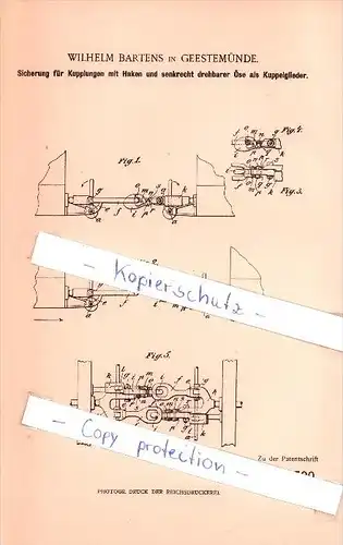 Original Patent  - W. Bartens in Geestemünde b. Bremerhaven , 1902 , Sicherung für Kupplungen mit Haken  !!!