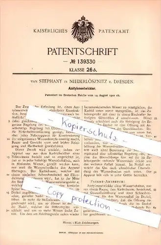 Original Patent  -  Herr von Stephany in Niederlößnitz  b. Dresden , 1902 , Acetylenentwickler !!!