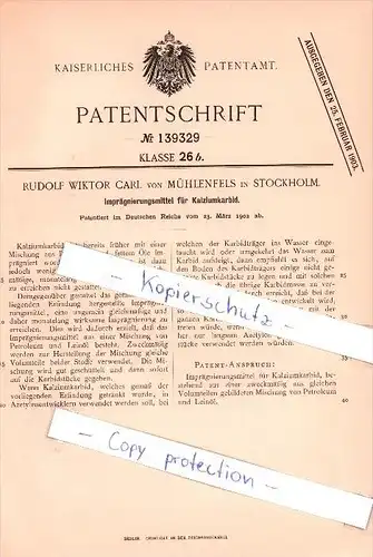 Original Patent  -  R. W. C. von Mühlenfels in Stockholm , 1902 , Imprägnierungsmittel für Kalziumkarbid !!!