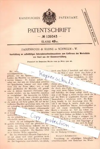 Original Patent  - Falkenroth & Kleine in Schwelm i. W. , 1902 , Schraubenschneidemaschinen !!!