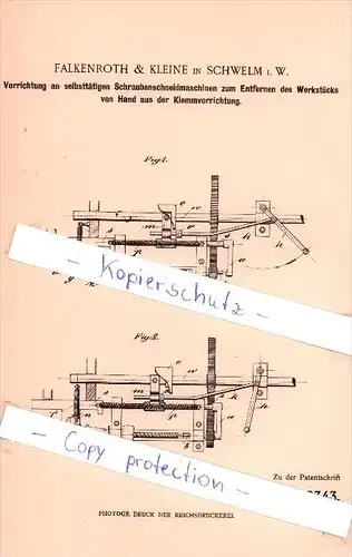 Original Patent  - Falkenroth & Kleine in Schwelm i. W. , 1902 , Schraubenschneidemaschinen !!!