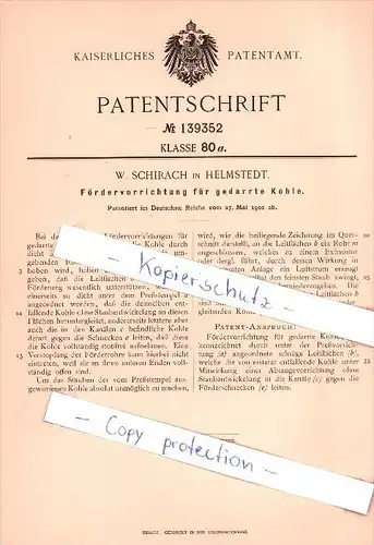 Original Patent  - W. Schirach in Helmstedt , 1902 , Fördervorrichtung für gedarrte Kohle !!!