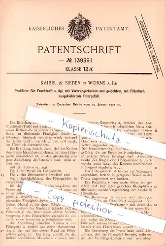 Original Patent  - Kaibel & Sieber in Worms a. Rh. , 1902 , Preßfilter für Fruchtsaft  !!!