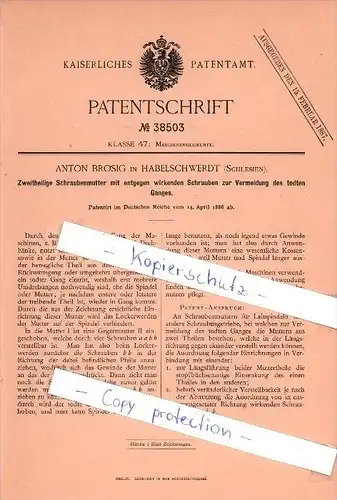 Original Patent  - Anton Brosig in Habelschwerdt / Bystrzyca Klodzka , 1886 , Schraubenmutter !!!