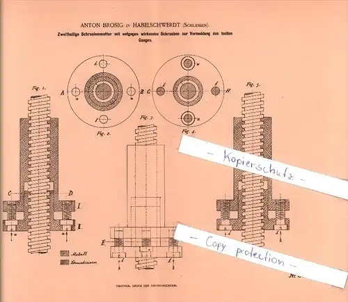 Original Patent  - Anton Brosig in Habelschwerdt / Bystrzyca Klodzka , 1886 , Schraubenmutter !!!