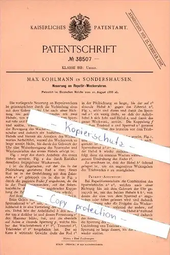 Original Patent  - Max Kohlmann in Sondershausen , 1886 ,  Repetir - Weckeruhren , Uhrmacher , Uhren , Uhr !!!