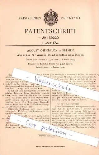 Original Patent  - August Osenbrück in Bremen , 1902 , Absorber für Absorptionsmaschinen !!!