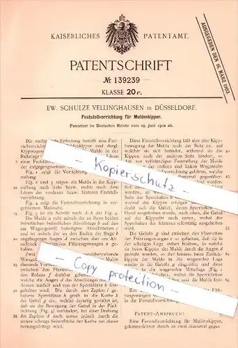 Original Patent  - Ew. Schulze Vellinghausen in Düsseldorf , 1902 , Feststellvorrichtung für Muldenkipper !!!