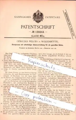 Original Patent  - Gebrüder Welger in Wolfenbüttel , 1901 , Strohpresse mit Bindevorrichtung !!!