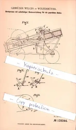 Original Patent  - Gebrüder Welger in Wolfenbüttel , 1901 , Strohpresse mit Bindevorrichtung !!!