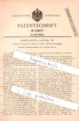 Original Patent  - Basse & Selve in Altena i. W. , 1902 , Fahrrad mit veränderlicher Übersetzung !!!