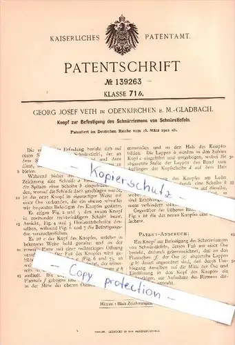 Original Patent  -  G. Josef Veth in Odenkirchen b. M.-Gladbach , 1902 , Befestigung des Schnürriemens  !!!