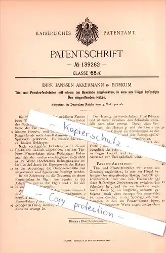 Original Patent  - Dirk Janssen Akkermann in Borkum , 1902 , Tür- und Fensterfeststeller !!!