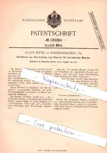 Original Patent  - Julius Dittel in Sondershausen i. Th. , 1902 , Herstellung von  Stanzöl für Keramik !!!