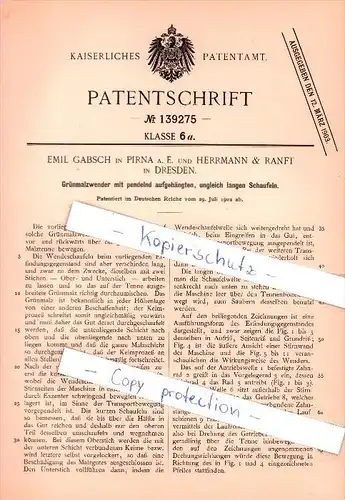 Original Patent  - E. Gabsch in Pirna a. E. und Herrmann & Ranft in Dresden , 1902 , Grünmalzwender  !!!