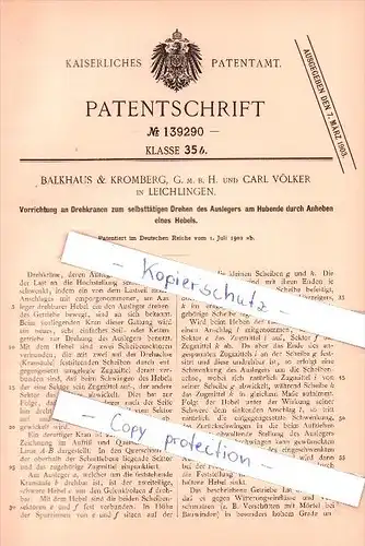 Original Patent  - Balkhaus & Kromberg G.m.b.H. und C. Völker in Leichlingen , 1902 , Drehkrane !!!