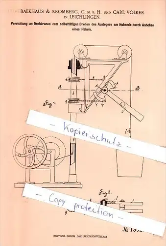 Original Patent  - Balkhaus & Kromberg G.m.b.H. und C. Völker in Leichlingen , 1902 , Drehkrane !!!