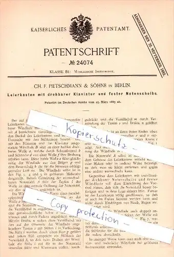 Original Patent  - Ch. F. Pietschmann & Söhne in Berlin , 1883 , Leierkasten mit drehbarer Klaviatur !!!