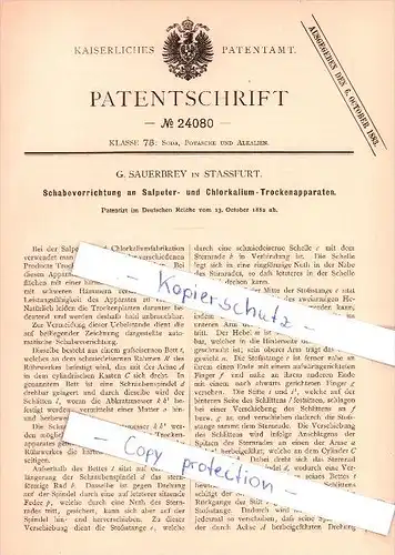 Original Patent  - G. Sauerbrey in Stassfurt , 1882 , Schabevorrichtung an  Trockenapparaten !!!