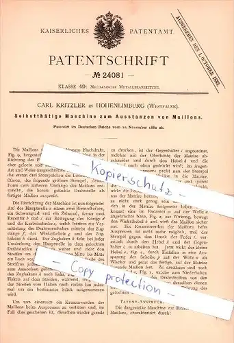 Original Patent  - Carl Kritzler in Hohenlimburg , Westfalen , 1882 , Maschine zum Ausstanzen von Maillons , Metallbau !