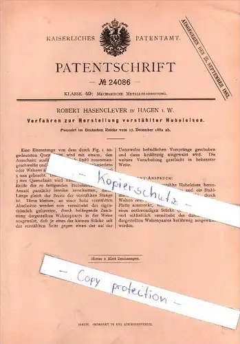 Original Patent  - Robert Hasenclever in Hagen i. W. , 1882 , Herstellung verstählter Hobeleisen , Metallbau !!!