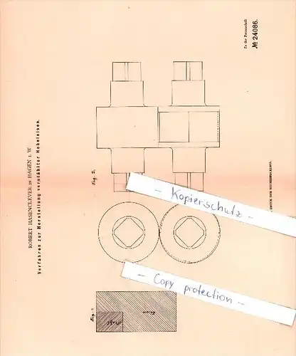 Original Patent  - Robert Hasenclever in Hagen i. W. , 1882 , Herstellung verstählter Hobeleisen , Metallbau !!!