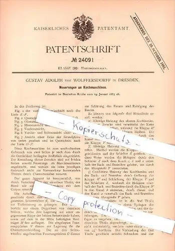 Original Patent  - G. Adolph von Wolffersdorff in Dresden , 1883 , Neuerungen an Kochmaschinen !!!