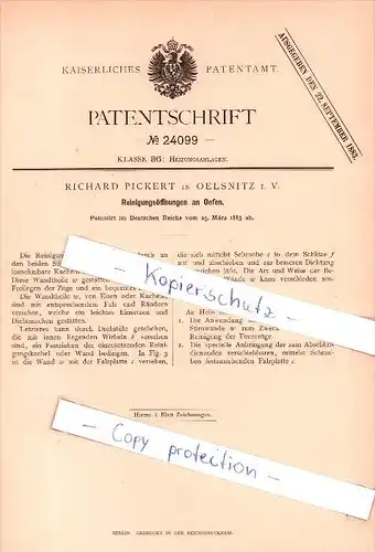 Original Patent  - Richard Pickert in Oelsnitz i. V. , 1883 , Reinigungsöffnungen an Oefen , Heizung , Heizungsbau !!!