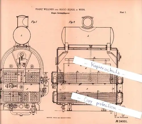 Original Patent  - Franz Wellner und Hugo Jelinek in Wien , 1883 , Etagen - Verdampfapparat !!!