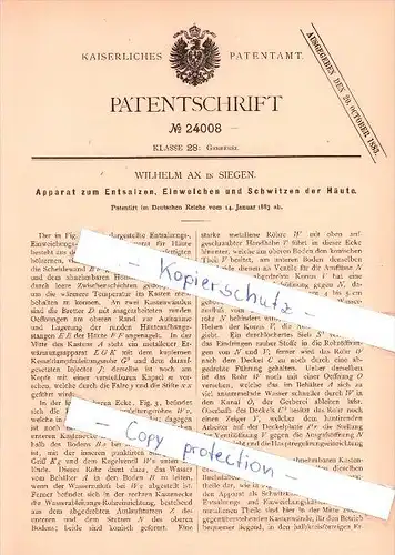Original Patent  - Wilhelm Ax in Siegen , 1883 , Apparat  für Gerberei !!!