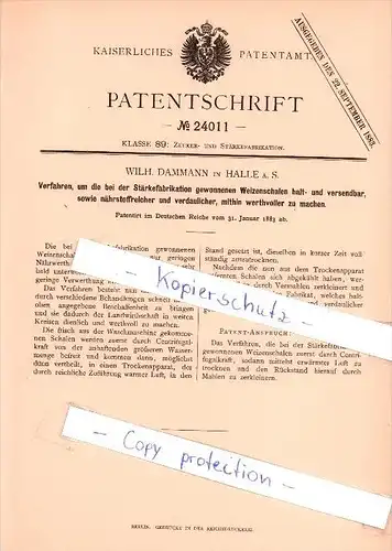 Original Patent  - Wilh. Dammann in Halle a. S. , 1883 , Zucker- und Stärkefabrikation !!!