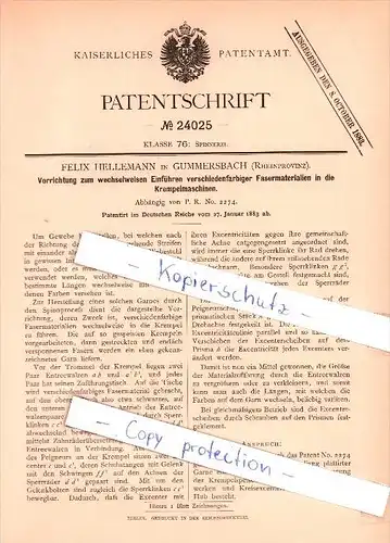 Original Patent  - F. Hellemann in Gummersbach , Rheinprovinz , 1883 , Einführen verschiedener Fasermaterialien !!!