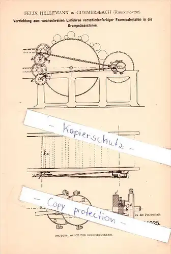 Original Patent  - F. Hellemann in Gummersbach , Rheinprovinz , 1883 , Einführen verschiedener Fasermaterialien !!!