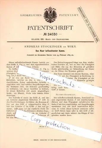Original Patent  - Andreas Stockinger in Wien , 1883 , befeuchtender Kamm für Haare , Friseur !!!