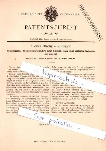 Original Patent  - August Büsche in Schwelm , 1882 , Klöppelmaschine mit ausrückbaren Rädern !!!