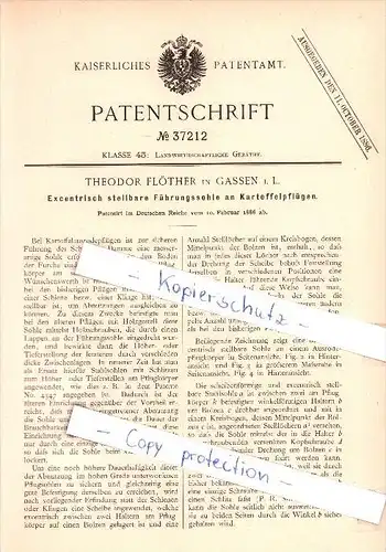 Original Patent  -  Theodor Flöther in Gassen i. L. / Jasien , 1886 , Führungssohle an Kartoffelpflügen !!!