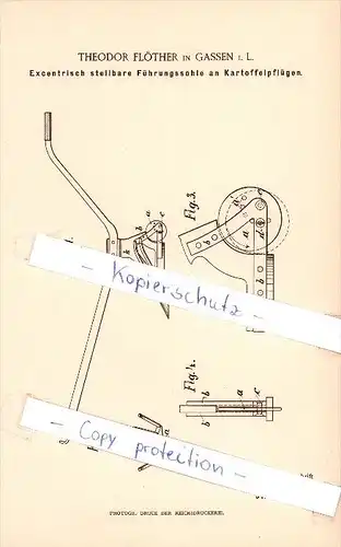 Original Patent  -  Theodor Flöther in Gassen i. L. / Jasien , 1886 , Führungssohle an Kartoffelpflügen !!!