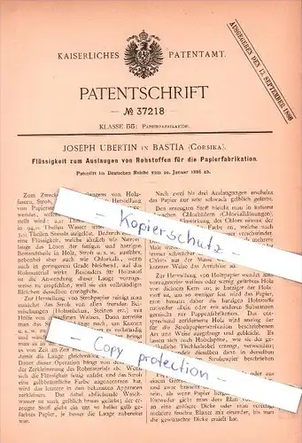 Original Patent  -  Joseph Ubertin à Bastia , Corse , 1886 , Fluides pour fabrication de papier , Korsika !!!