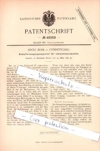 Original Patent  - Adolf Bobe in Crimmitschau , 1889 , Dampferzeugungsapparat für Inhalation , Arzt !!!