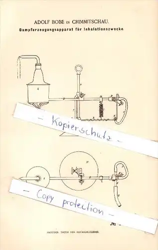 Original Patent  - Adolf Bobe in Crimmitschau , 1889 , Dampferzeugungsapparat für Inhalation , Arzt !!!