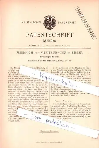 Original Patent  - Friedrich von Westernhagen in Berlin , 1889 , Zweitheiliges Hufeisen !!!