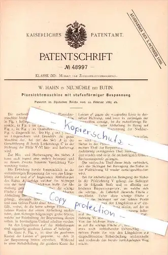 Original Patent  - W. Hahn in Neumühle bei Eutin , 1889 , Plansichtemaschine mit Bespannung !!!